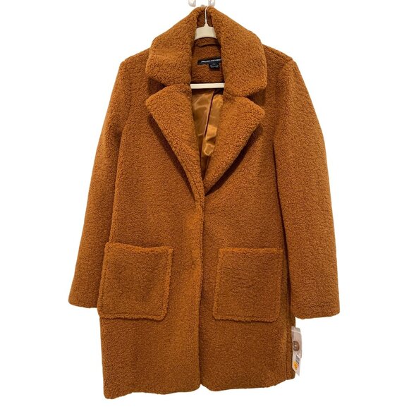 New French Connection Faux Fur Cognac Teddy Coat Sz Small - Picture 2 of 7